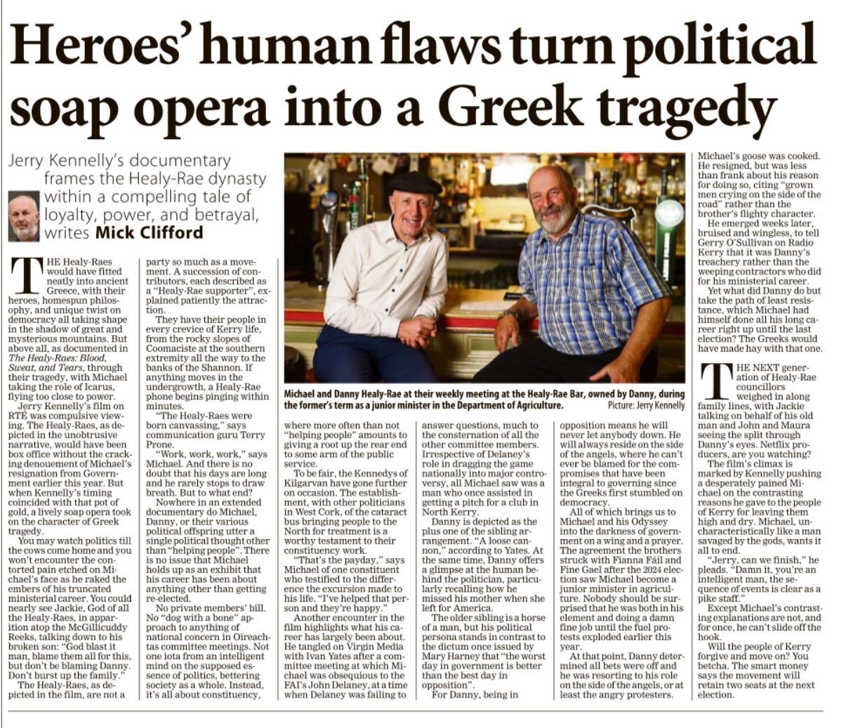 Irish Examiner — Mick Clifford: Heroes’ human flaws turn political soap opera into a Greek tragedy