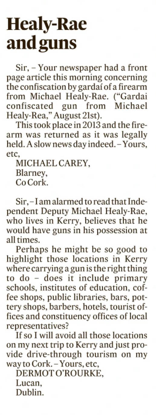 Letters to the Editor — “Healy-Rae and guns”
