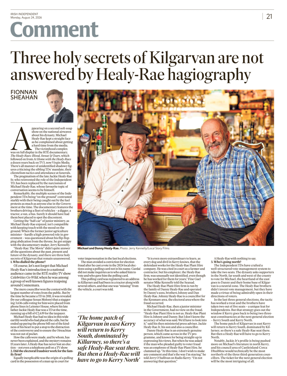 Irish Independent, 24 August 2026 — Fionnan Sheahan: “Three holy secrets of Kilgarvan are not answered by Healy-Rae hagiography”