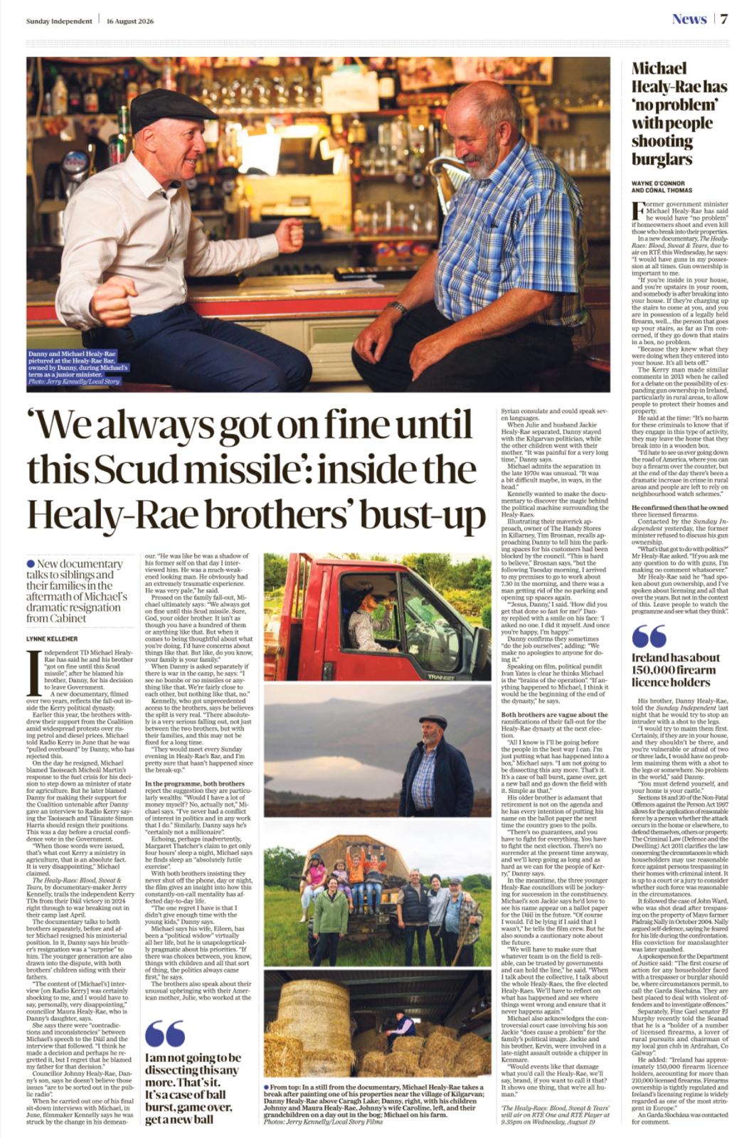 Sunday Independent, 16 August 2026 — “‘We always got on fine until this Scud missile’: inside the Healy-Rae brothers’ bust-up”