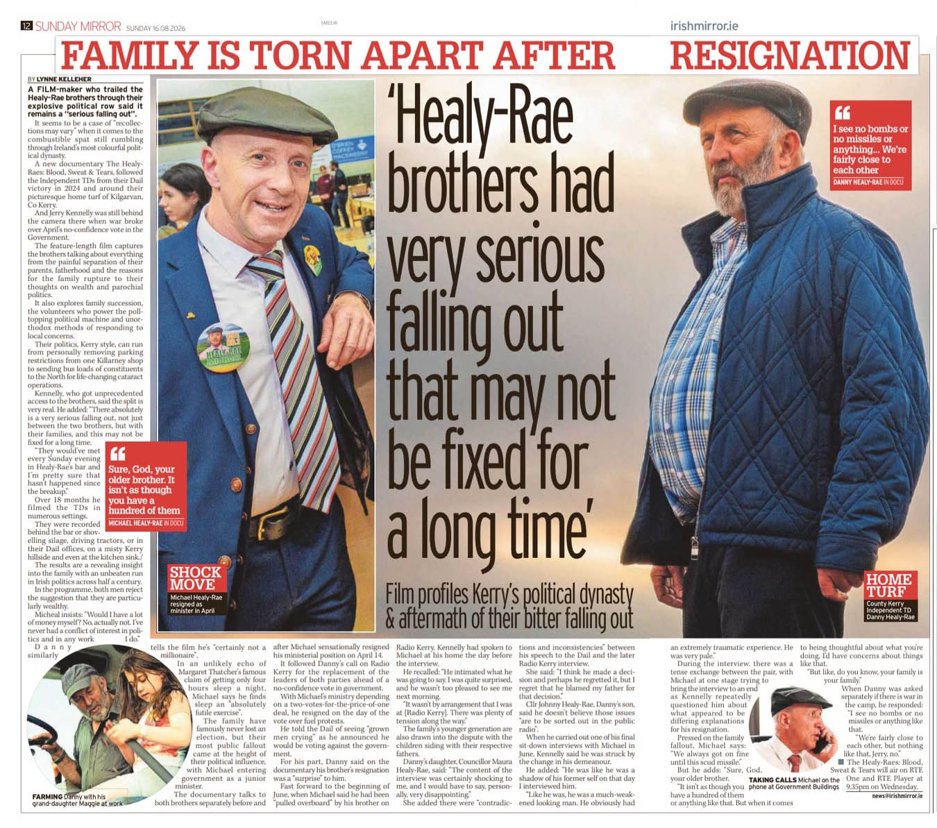 Sunday Mirror, 16 August 2026 — Lynne Kelleher: “Healy-Rae brothers had very serious falling out that may not be fixed for a long time”