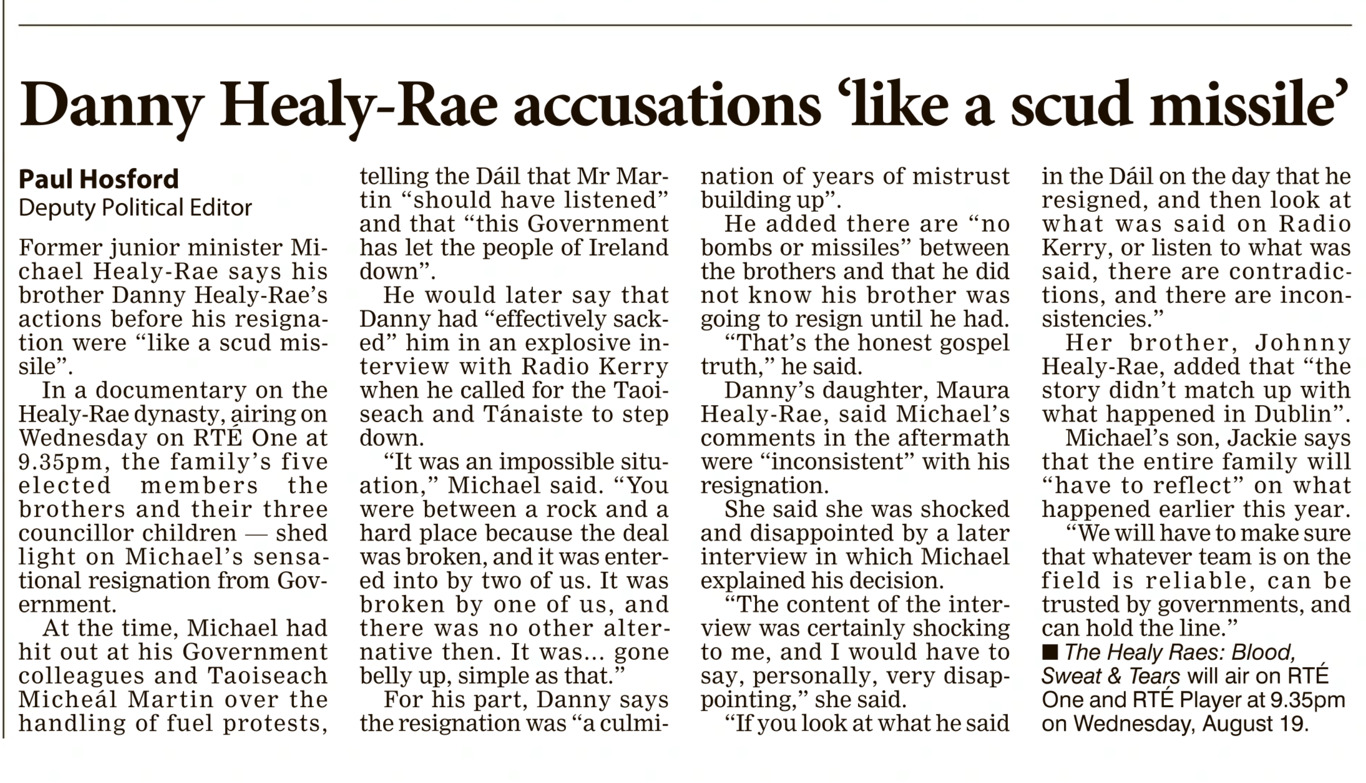 Paul Hosford, Deputy Political Editor: “Danny Healy-Rae accusations ‘like a scud missile’”