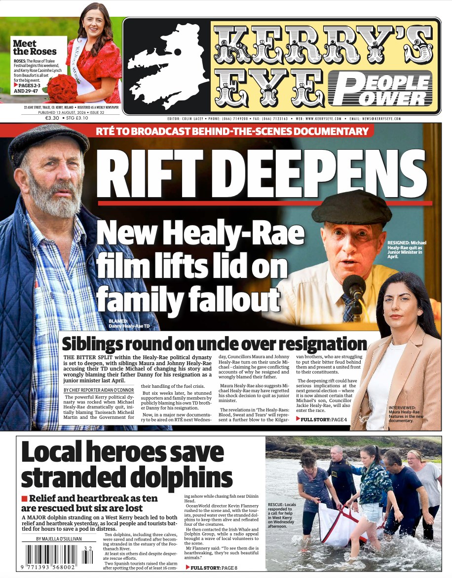 Kerry’s Eye, 13 August 2026 — Front page: “RIFT DEEPENS — New Healy-Rae film lifts lid on family fallout”