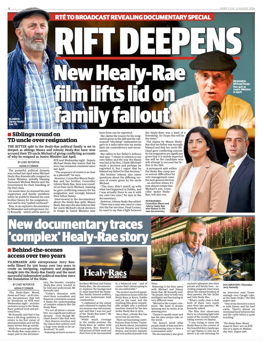 Kerry’s Eye, 13 August 2026 — Page 4, Aidan O’Connor: “New documentary traces ‘complex’ Healy-Rae story”