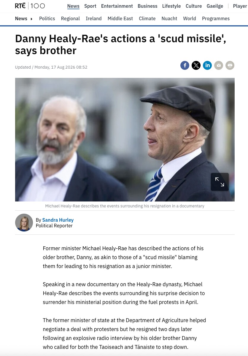 RTÉ News, 17 August 2026 — Sandra Hurley: “Danny Healy-Rae’s actions a ‘scud missile’, says brother”